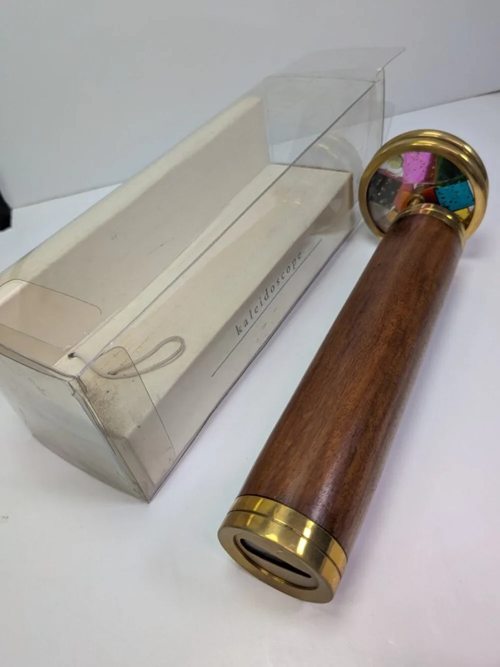 Vintage Pier 1 Imports Double Wheel Wooden Kaleidoscope Brass & Wood Teak Style